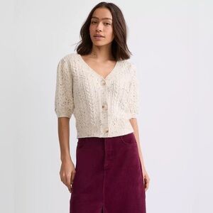 LOFT Flecked Stitchy Puff Sleeve Cotton Blend Cardigan Size Medium NWT